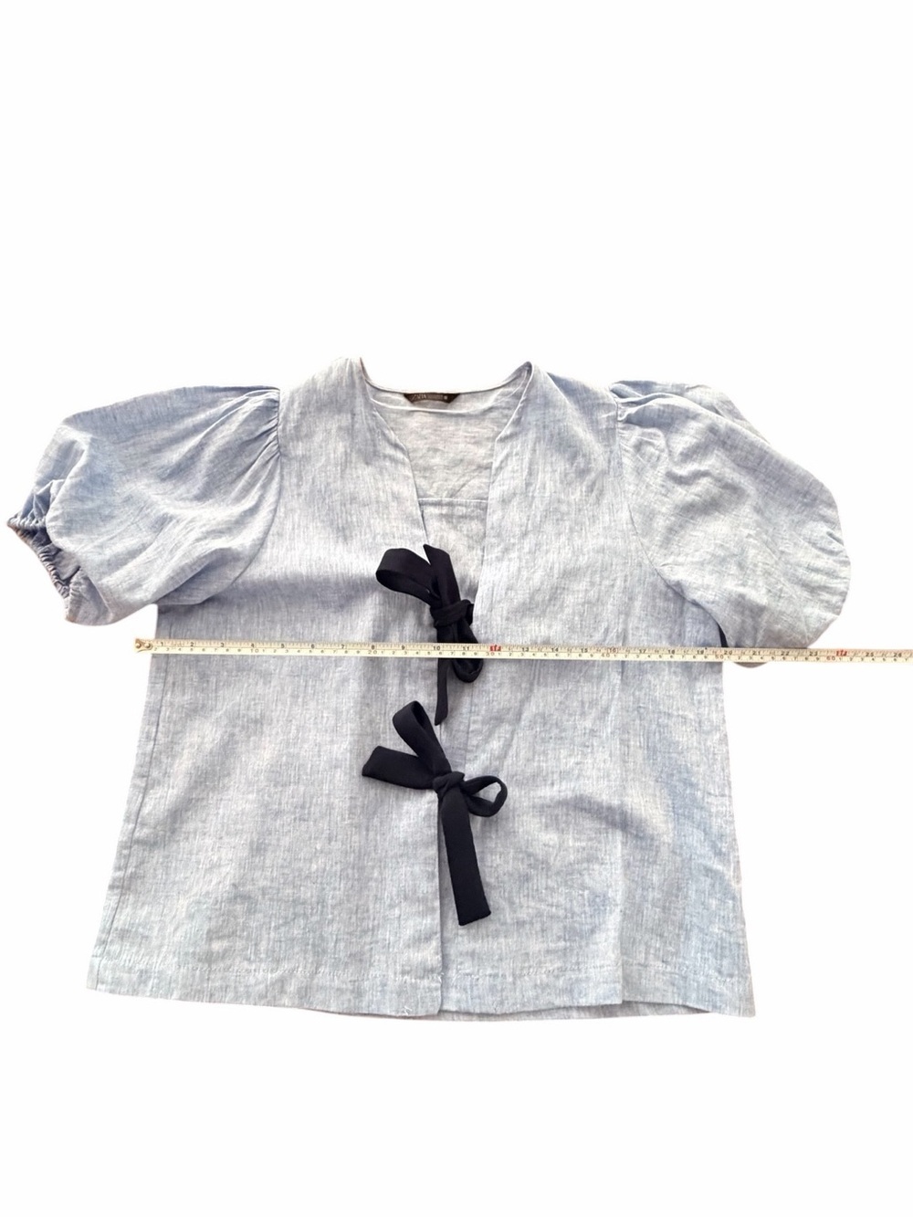 Zara Light Blue Puff Sleeve Blouse with Navy Bow Details Small - Picture 5 of 8